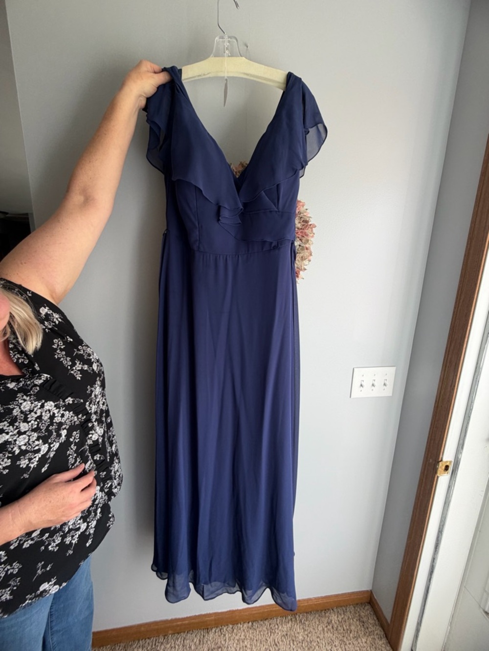 Navy Flutter-Sleeve V-Neck Maxi Dress